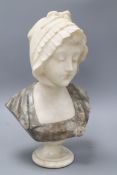 A French 19th century alabaster and grey marble bust of a girl, signed Currine - Pugi H.45cm