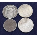 A William IV silver crown, 1836, GVF two Morgan dollars 1884 and 1900 and a Victoria silver double