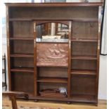 An early 20th century Arts & Crafts beech writing cabinet with embossed copper fall W.154cm