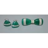 A white metal, chrysophase? and diamond set suite of jewellery, comprising bow brooch and pair of
