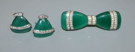 A white metal, chrysophase? and diamond set suite of jewellery, comprising bow brooch and pair of