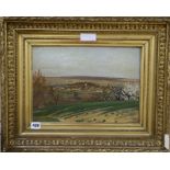 French School, oil on canvas, Village landscape with blossoming trees, indistinct Atelier stamp 26 x