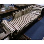 A Regency mahogany chaise longue, ebony line-inlaid and covered in striped brocade, on outswept legs