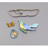 Four items of silver/white metal and enamel jewellery including pendant, bracelet and two brooches.