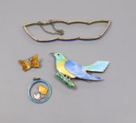 Four items of silver/white metal and enamel jewellery including pendant, bracelet and two brooches.