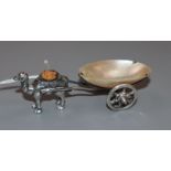 An Edwardian novelty silver pin 'camel with mother of pearl cart' pin cushion, Adie & Lovekin,