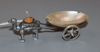 An Edwardian novelty silver pin 'camel with mother of pearl cart' pin cushion, Adie & Lovekin,