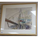 Stuart Maxwell Armfield (1916-2000) ink and watercolour, Fishing boat in harbour, signed, 42 x