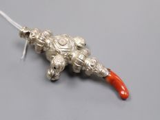 A Victorian silver child's rattle, with three bells, whistle and coral teether, Colen Hewer