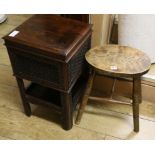 An Indian carved box occasional table and elm stool