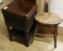 An Indian carved box occasional table and elm stool