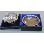 Two pierced silver sweetmeat dishes, one cased.