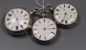 A Victorian silver pair cased pocket watch by M. Moore, Hilboro and two other silver fusee pocket