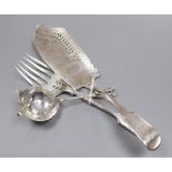 A George IV silver fish slice a later matching serving fork and a silver tea strainer.