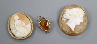 Two yellow metal mounted oval cameo brooches (one a.f.) and a yellow metal citrine and seed pearl