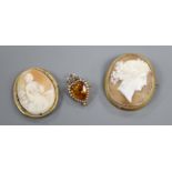 Two yellow metal mounted oval cameo brooches (one a.f.) and a yellow metal citrine and seed pearl