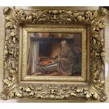 19th century English School, oil on panel, Huntsman at a fireplace