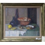 Mary Remington, oil on board, Tabletop still life, signed 50 x 60cm