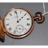 A George V 9ct gold Waltham keyless lever hunter pocket watch, with Roman dial and subsidiary