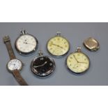 Three metal military pocket watches including Cyma, a military stopwatch and two wrist watches.