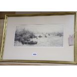William Lionel Wyllie (1851-1931), etching, Shipping on the Thames, signed in pencil 16 x 37cm
