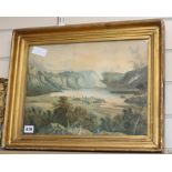 19th century English School, watercolour, Figures overlooking a lake 30 x 40cm