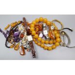 Mixed jewellery including amber, amethyst etc and a group of lady's wrist watches.