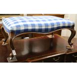 A large Victorian mahogany stool with blue gingham upholstered seat L.114cm