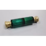 A late Victorian gilt white metal mounted double ended green glass scent bottle, 12.7cm.