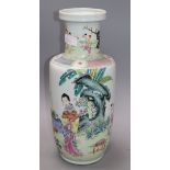 A large Chinese famille rose rouleau vase, worn Qianlong mark, probably Republic period H.45cm