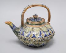 A Doulton Lambeth compressed globular teapot and cover, by Louisa E Edwards, dated 1877, assistant's