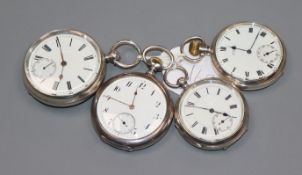 A Victorian silver open face keywind fusee pocket watch and three others including J. Broadwood & Co