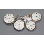 A Victorian silver open face keywind fusee pocket watch and three others including J. Broadwood & Co
