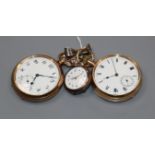 Two gold plated open face keyless pocket watches and a continental 800 standard fob watch.