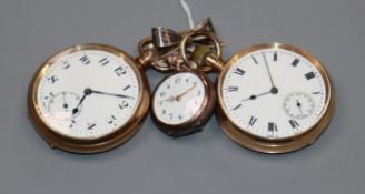 Two gold plated open face keyless pocket watches and a continental 800 standard fob watch.