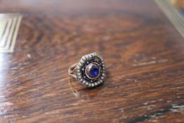 A 19th century yellow metal, sapphire, seed pear and three colour enamel set octagonal dress ring,