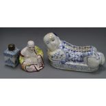 A Chinese blue and white tea caddy, a Buddha and another caddy 11cm