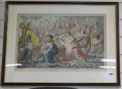 After James Gillray, colour engraving, 'Dilettanti-Theatricals', 32 x 49cm