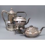 A plated 'The Tudor Patent Wine Cooling Cup', a plated tea kettle on stand and a plated teapot.