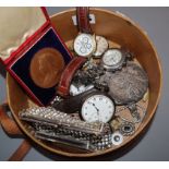Three Victorian commemorative medallions, two silver pocket watches, two paste clip brooches and