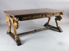 A Regency style mahogany library table, with rounded rectangular top and four frieze drawers, on