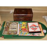 An old Monopoly box (board missing) and an inlaid box, etc.