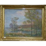 E. Souve, oil on canvas, French landscape cottage beside a lake and woodland, signed and dated