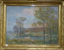 E. Souve, oil on canvas, French landscape cottage beside a lake and woodland, signed and dated