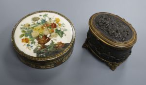 A 19th century painted ivory circular snuff box and a patinated copper trinket box (2) Snuff box