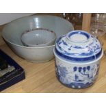 A Canton style blue and white tureen and cover, a large Chinese bowl and another bowl