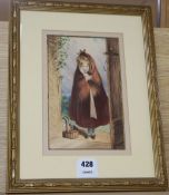 Miss Mary Jane Tomalin (19th C) watercolour, Girl at a cottage doorway, signed, 23 x 15cm