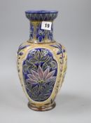 A Doulton Lambeth trilobed vase, by Frances E Lee, dated 1879, with flower and foliate incised