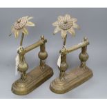 A pair of Arts & Crafts brass and copper passion flower andirons height 30cm