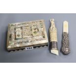 A mother of pearl trinket box and a carved ivory silver mounted handle and a silver handle